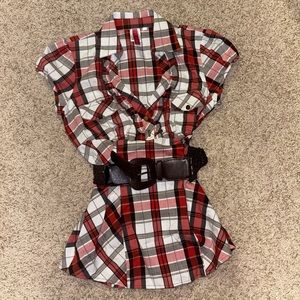 Red white and brown plaid shirt with brown belt